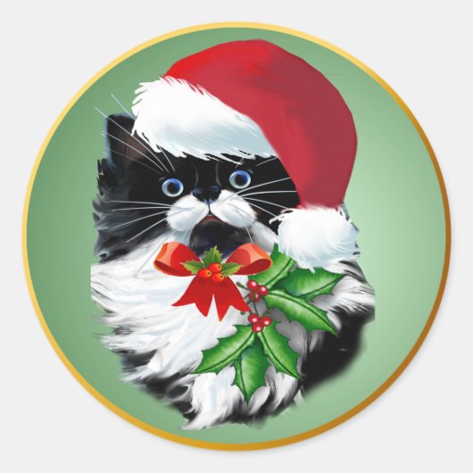 Tuxedo Kat met Kerstmis Ronde Sticker (Voorkant)
