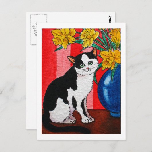 Tuxedo-kat met kleefstoffen in een blauwe vaas briefkaart (Voorkant / Achterkant)