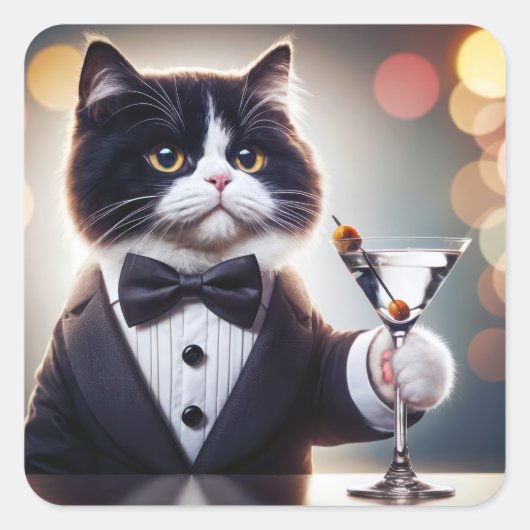 Tuxedo kat met Martini cocktail Vierkante Sticker (Voorkant)