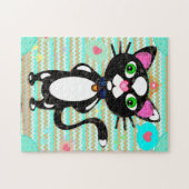 Tuxedo kat met muis speelgoed legpuzzel (Horizontaal)