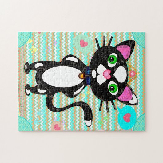 Tuxedo kat met muis speelgoed legpuzzel (Horizontaal)