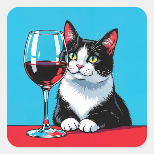 Tuxedo Kat Met Rode Wijn Vierkante Sticker (Voorkant)