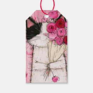 Tuxedo Kat met Roze Rozenboeket Cadeaulabel