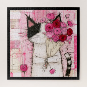 Tuxedo Kat met Roze Rozenboeket Legpuzzel