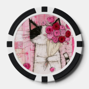 Tuxedo Kat met Roze Rozenboeket Poker Chips