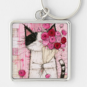 Tuxedo Kat met Roze Rozenboeket Sleutelhanger