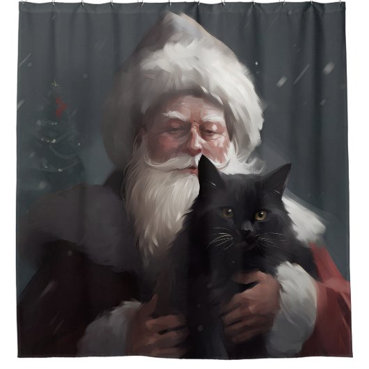 Tuxedo Kat Met Sinterklaas Feestelijke Kerstmis Douchegordijn (Voorkant)