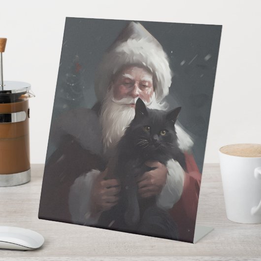 Tuxedo Kat Met Sinterklaas Feestelijke Kerstmis Reclamebord Met Voetstuk (Insitu)