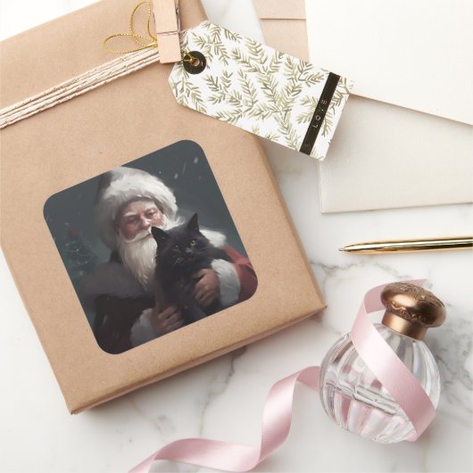 Tuxedo Kat Met Sinterklaas Feestelijke Kerstmis Vierkante Sticker (Geschenken)