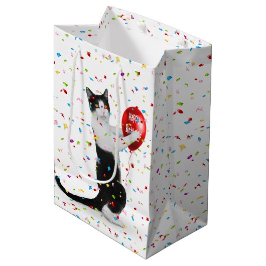 Tuxedo kat met verjaardag ballon medium cadeauzakje (Voorkant Gekanteld)