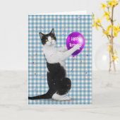 Tuxedo Kat met Verjaardagsballon Kaart (Gele Bloem)