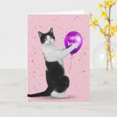 Tuxedo Kat met Verjaardagsballon Kaart (Gele Bloem)