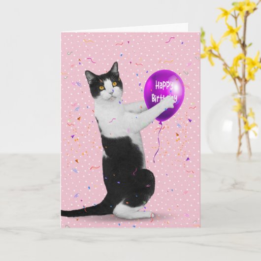 Tuxedo Kat met Verjaardagsballon Kaart (Gele Bloem)