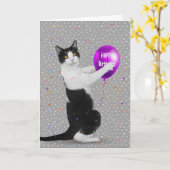 Tuxedo Kat met Verjaardagsballon Kaart (Gele Bloem)