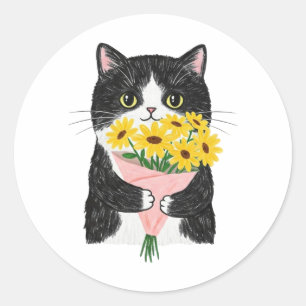 Tuxedo kat met zonnebloemenboeket ronde sticker