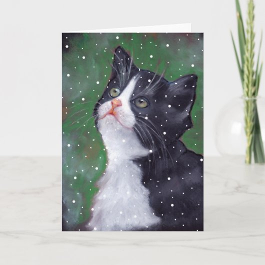 Tuxedo-kat naar sneeuwvlokken kijkend, Kunst Feestdagen Kaart (Voorkant)