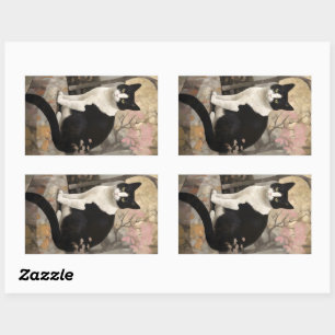 Tuxedo kat op een rots zitten in een tuin rechthoekige sticker