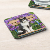 Tuxedo-kat op een tuinstoel met bloemen bier onderzetter (Linkerzijde)