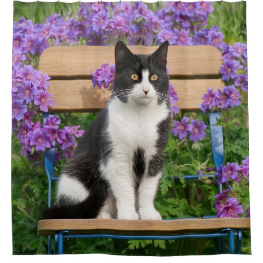 Tuxedo-kat op een tuinstoel met bloemen douchegordijn (Voorkant)