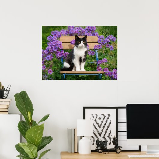 Tuxedo-kat op een tuinstoel met bloemen poster (Thuiskantoor)