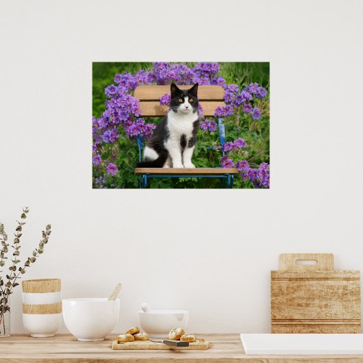 Tuxedo-kat op een tuinstoel met bloemen poster (Keuken)