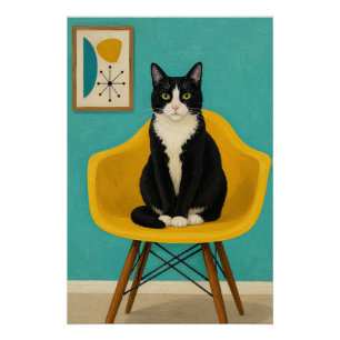 Tuxedo Kat Op Gele Mid Century Stoel Perfect Poster