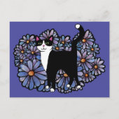 Tuxedo Kat Paarse Daisies Kunst Briefkaart (Voorkant)