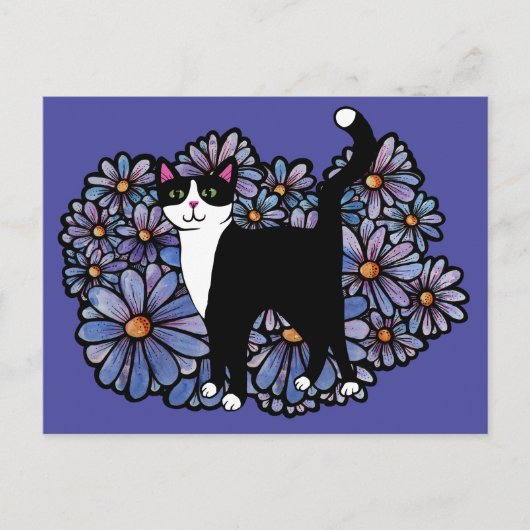 Tuxedo Kat Paarse Daisies Kunst Briefkaart (Voorkant)