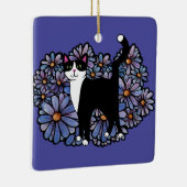 Tuxedo Kat Paarse Daisies Kunst Keramisch Ornament (Rechts)
