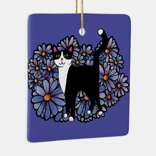 Tuxedo Kat Paarse Daisies Kunst Keramisch Ornament (Rechts)