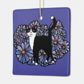 Tuxedo Kat Paarse Daisies Kunst Keramisch Ornament (Links)