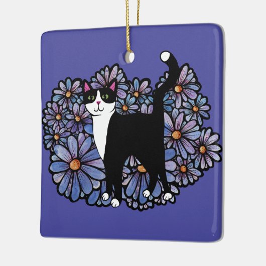 Tuxedo Kat Paarse Daisies Kunst Keramisch Ornament (Links)