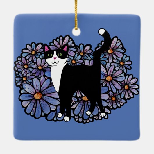 Tuxedo Kat Paarse Daisies Kunst Keramisch Ornament (Achterkant)