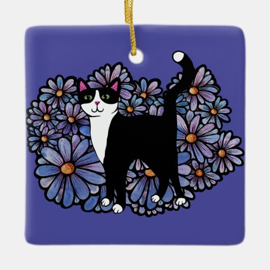 Tuxedo Kat Paarse Daisies Kunst Keramisch Ornament (Voorkant)