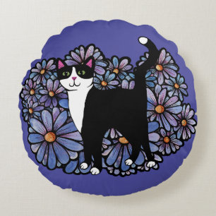 Tuxedo Kat Paarse Daisies Kunst Rond Kussen