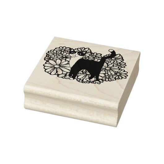 Tuxedo Kat Paarse Daisies Kunst Rubberstempel (Stempel)