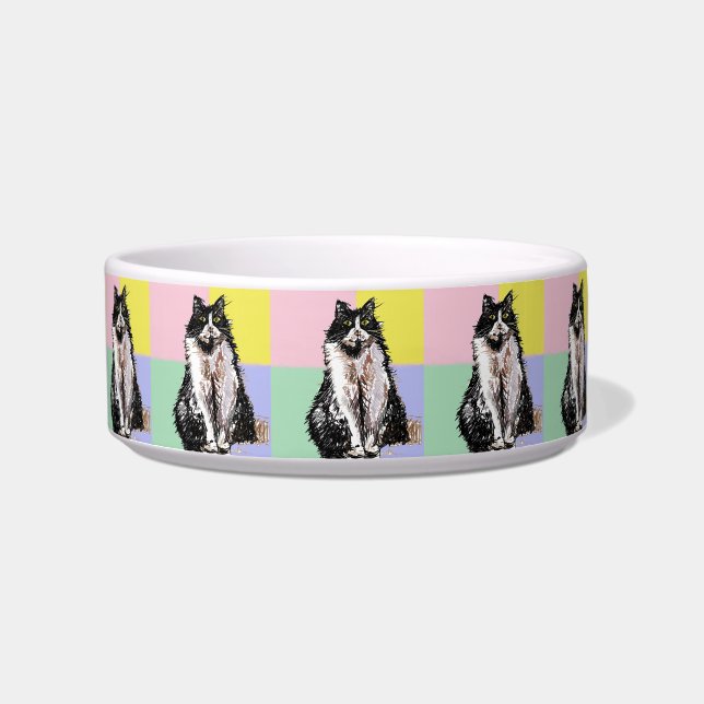 Tuxedo Kat Pastel Kleuren Roze Huisdier Naam Kom (Voorkant)