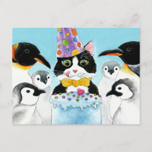 Tuxedo kat pinguins verjaardagstaart briefkaart