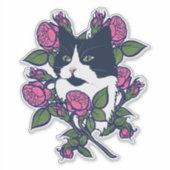 Tuxedo Kat Pioen Bloem Kunst Tuxie Katten Sticker (Voorkant)