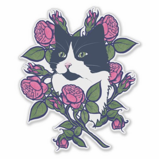 Tuxedo Kat Pioen Bloem Kunst Tuxie Katten Sticker (Voorkant)