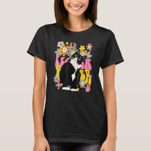 Tuxedo Kat Retro 60s 70s Sfeer Bloemen Vredesteken T-shirt
