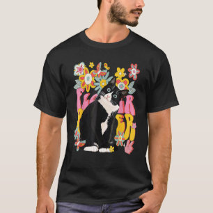 Tuxedo Kat Retro 60s 70s Sfeer Bloemen Vredesteken T-shirt