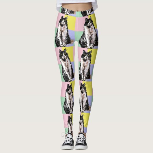 Tuxedo Kat Schattige Katten Zwart Wit Pastel Regen Leggings (Voorkant)