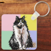 Tuxedo Kat Schattige Katten Zwart Wit Pastel Regen Sleutelhanger (Achterkant)