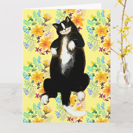 Tuxedo kat Slapen op bloembed Kaart (Gele Bloem)
