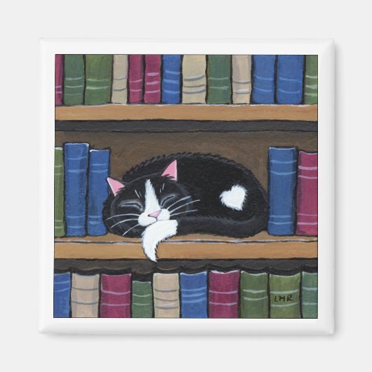 Tuxedo Kat Slapen op Boekenplank Kat Kunstmagneet Magneet (Voorkant)