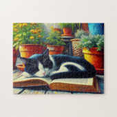 Tuxedo Kat Slapen op een Boek Tuin Schilderij Legpuzzel (Horizontaal)