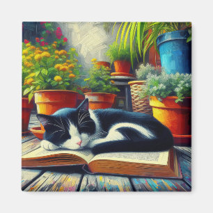 Tuxedo Kat Slapen op een Boek Tuin Schilderij Magneet