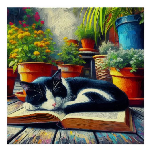 Tuxedo Kat Slapen op een Boek Tuin Schilderij Perfect Poster (Voorkant)