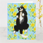 Tuxedo kat Slapend op bloem bed Kaart (Gele Bloem)
